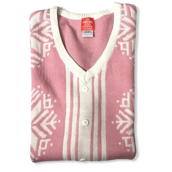 Vintage My Christmas Sweater Pink V Neck Vest Snowflake Print Ivory Size XXL - Picture 13 of 14